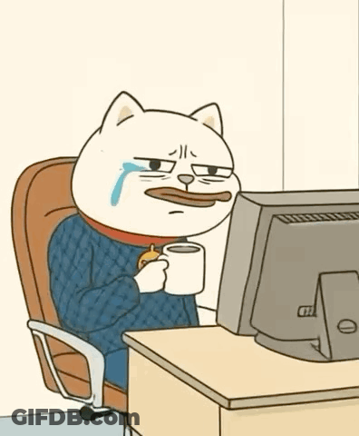 A Cartoon Cat Is Sitting At A Desk Holding A Cup Of Coffee And Crying While Looking At A Computer Screen . GIF