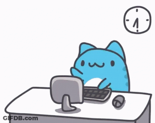 A Cartoon Cat Is Sitting At A Desk With A Computer And A Clock GIF