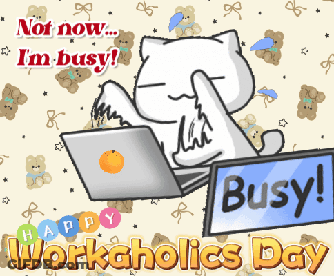 A Cartoon Cat Is Sitting At A Laptop With The Words " Not Now I 'M Busy " GIF