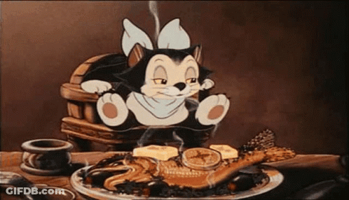 A Cartoon Cat Is Sitting At A Table Eating Food From A Plate . GIF