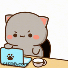A Cartoon Cat Is Sitting At A Table With A Laptop And Cup Of Coffee . GIF