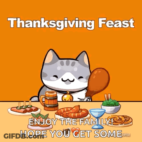 A Cartoon Cat Is Sitting At A Table With A Turkey In Its Mouth . GIF