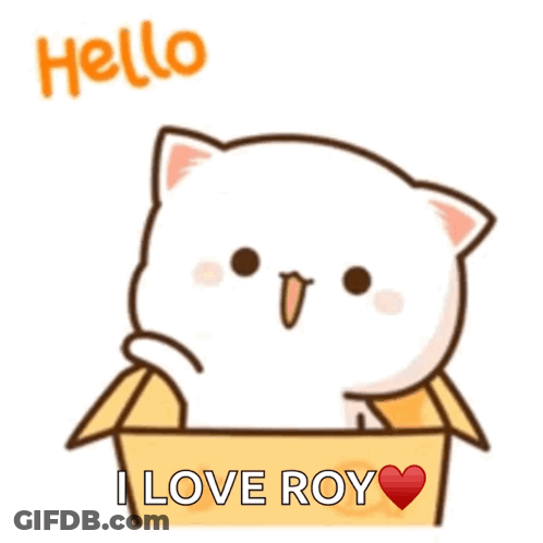 Cartoon Cat Sitting In Box Saying Hello I Love Roy GIF