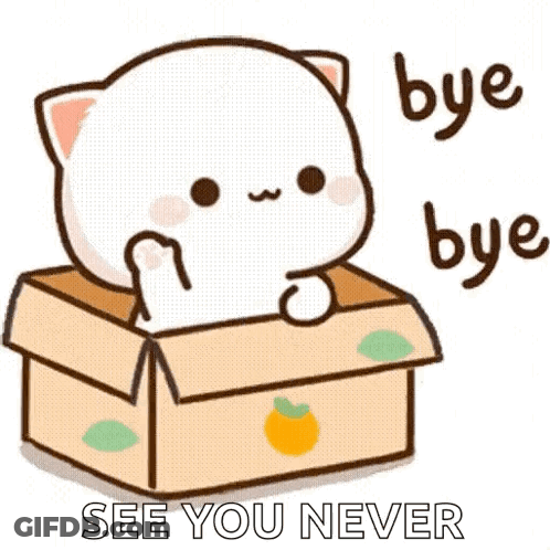 A Cartoon Cat Is Sitting In A Cardboard Box And Saying `` Bye Bye `` . GIF