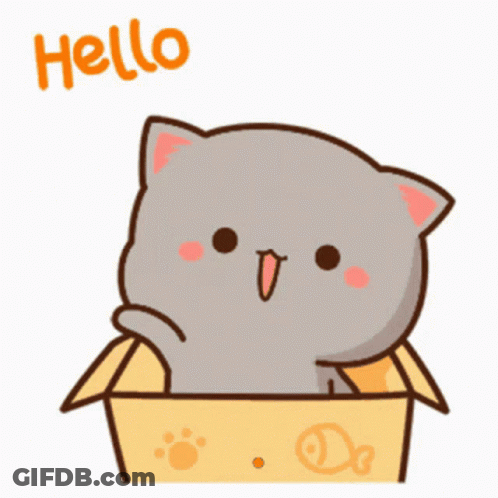 A Cartoon Cat Is Sitting In A Cardboard Box And Says Hello . GIF