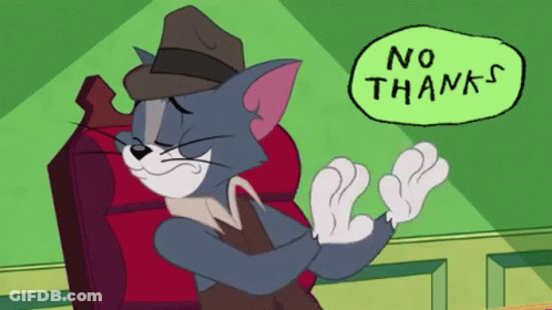 A Cartoon Cat Is Sitting In A Chair With A Sign That Says " No Thanks " GIF