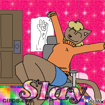A Cartoon Cat Is Sitting In A Chair With Its Arms Outstretched In Front Of A Pink Wall With The Word Sloppy On It GIF