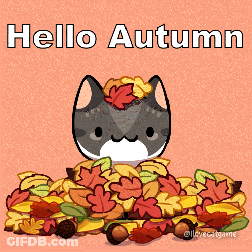 A Cartoon Cat Is Sitting In A Pile Of Leaves With The Words Hello Autumn Written Above It GIF