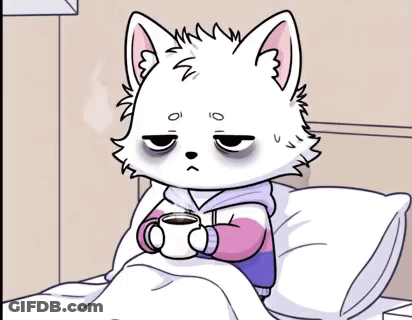 A Cartoon Cat Is Sitting In Bed With A Cup Of Coffee . GIF