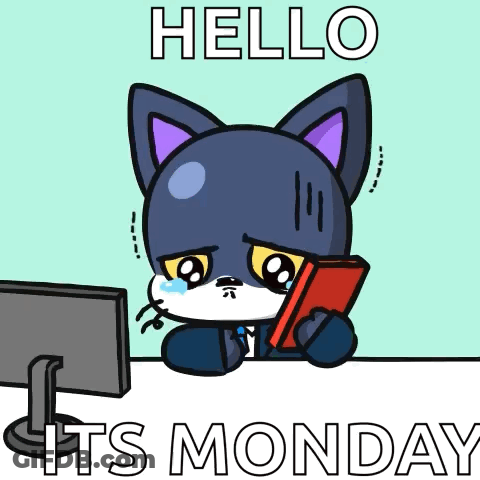 A Cartoon Cat Is Sitting In Front Of A Computer With The Words Hello Its Monday Written On The Bottom GIF
