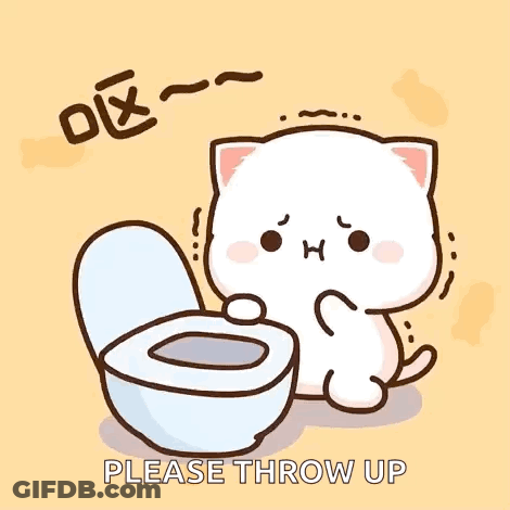 A Cartoon Cat Is Sitting Next To A Toilet With The Words `` Please Throw Up '' . GIF