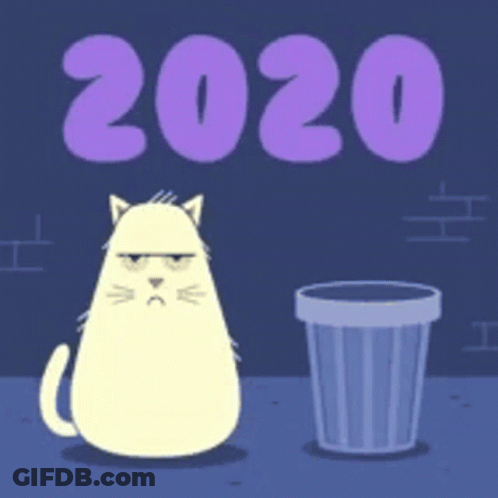 A Cartoon Cat Is Sitting Next To A Trash Can And Holding Up A Sign That Says 2020 GIF