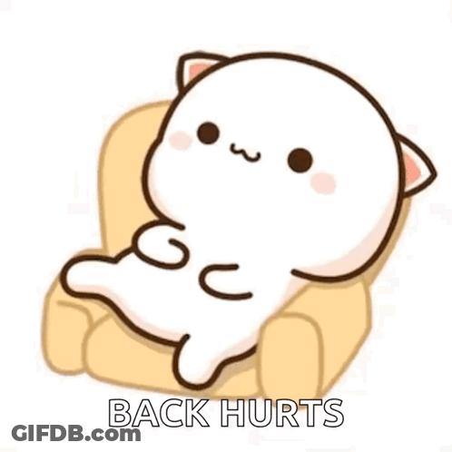 A Cartoon Cat Is Sitting On A Couch With The Words `` Back Hurts '' Written On It . GIF