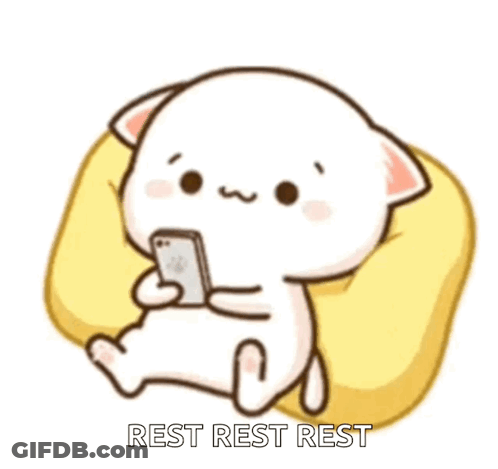 A Cartoon Cat Is Sitting On A Pillow Holding A Cell Phone And Says `` Rest Rest Rest '' . GIF