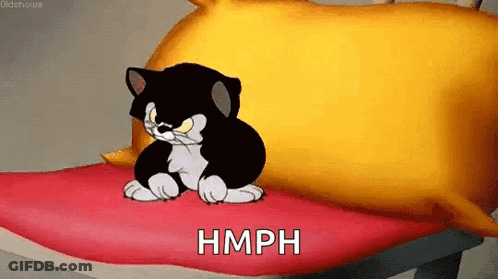 A Cartoon Cat Is Sitting On A Pillow With The Words `` Hmph '' Written Below It . GIF