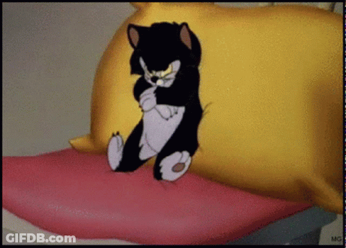 A Cartoon Cat Is Sitting On A Pink Pillow With A Yellow Pillow In The Background GIF