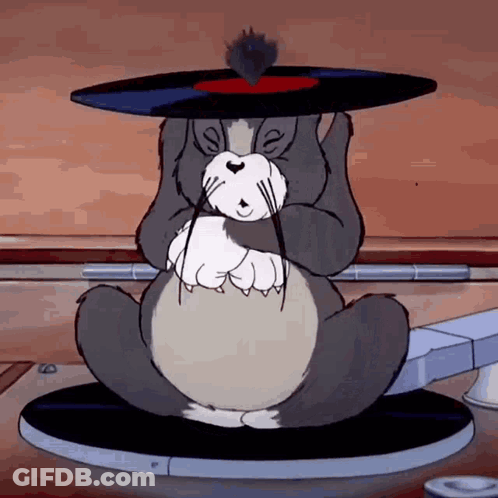 A Cartoon Cat Is Sitting On A Record Player Holding A Record In Its Paws . GIF