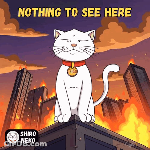 A Cartoon Cat Is Sitting On Top Of A Building With The Words Nothing To See Here Below It GIF