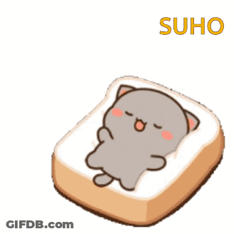 A Cartoon Cat Is Sitting On Top Of A Piece Of Bread With The Word Suho Above It . GIF