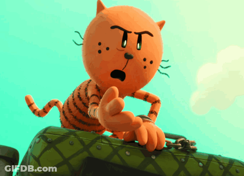 A Cartoon Cat Is Sitting On Top Of A Suitcase And Pointing GIF