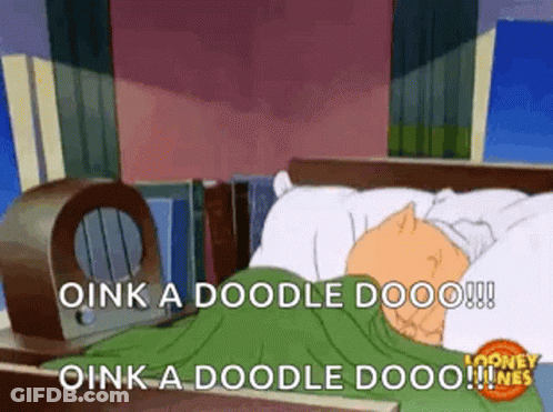 A Cartoon Cat Is Sleeping In A Bed With The Words Oink A Doodle Dooo ! GIF