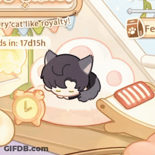 A Cartoon Cat Is Sleeping On A Paw Shaped Pillow With The Words " Cat Like Royalty " In The Background GIF