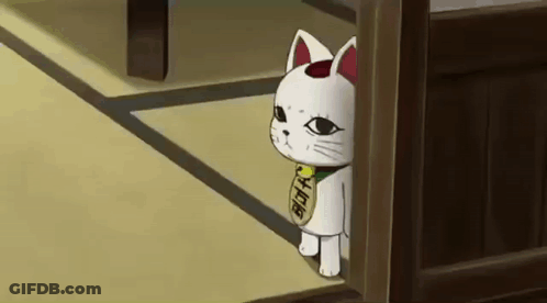 A Cartoon Cat Is Standing In A Doorway Holding A Coin With Chinese Writing On It GIF