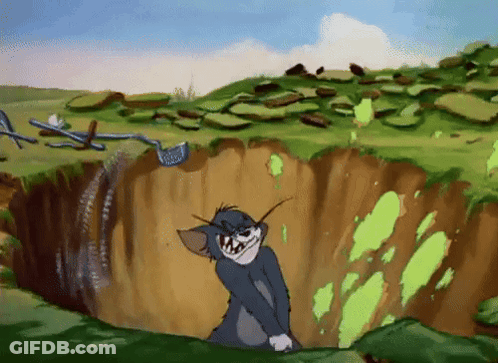 A Cartoon Cat Is Standing In A Hole With A Golf Club In His Mouth GIF