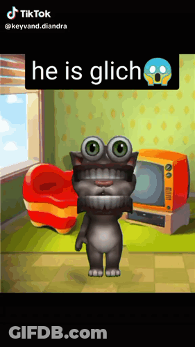 A Cartoon Cat Is Standing In A Room With The Words He Is Glich Written Above It GIF