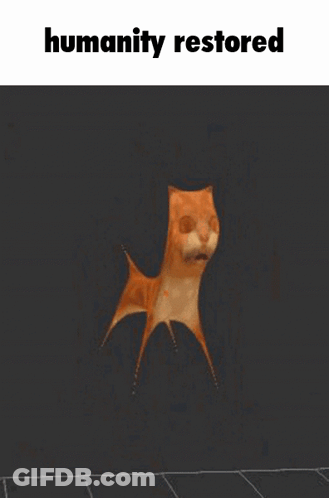 A Cartoon Cat Is Standing In Front Of A Black Background With The Words `` Humanity Restored '' Written Above It . GIF