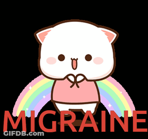 A Cartoon Cat Is Standing In Front Of A Rainbow With The Word Migraine Written Below It GIF