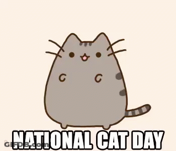 A Cartoon Cat Is Standing In Front Of A White Background And Says `` National Cat Day '' . GIF