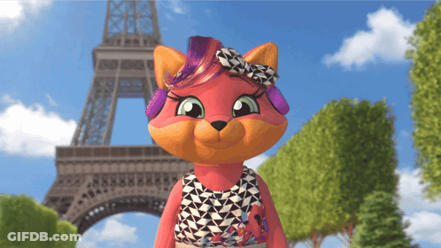 A Cartoon Cat Is Standing In Front Of The Eiffel Tower Wearing Headphones GIF