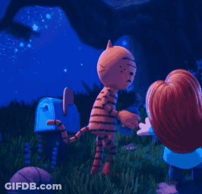 A Cartoon Cat Is Standing Next To A Girl With A Name Tag That Says ' Maggie ' On It GIF