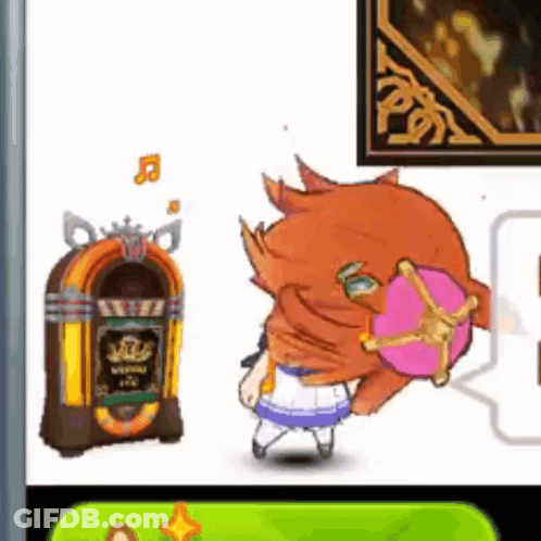 A Cartoon Cat Is Standing Next To A Jukebox With A Crown On It . GIF