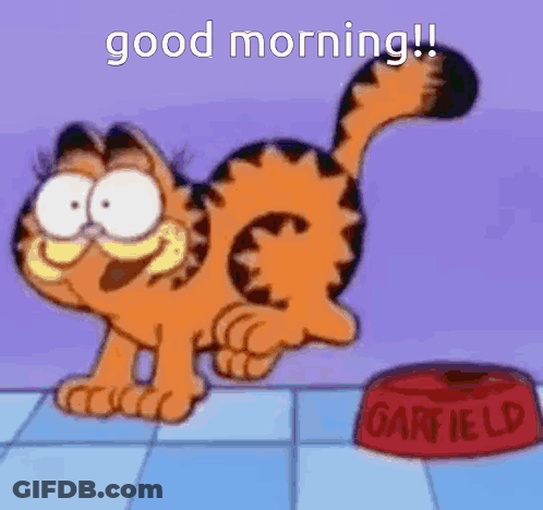 A Cartoon Cat Is Standing Next To A Red Bowl That Says Garfield GIF