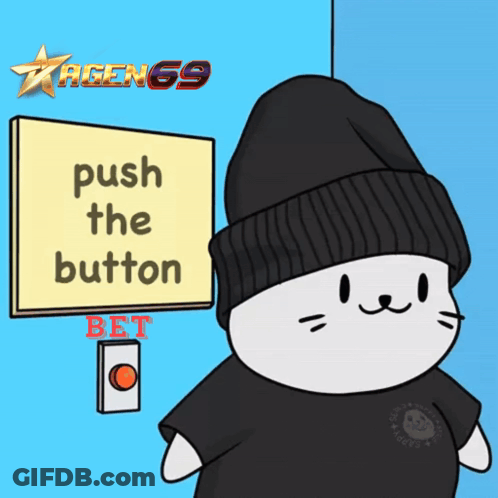 A Cartoon Cat Is Standing Next To A Sign That Says Push The Button Bet GIF