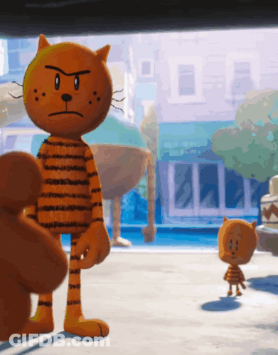 A Cartoon Cat Is Standing Next To A Smaller Cat GIF