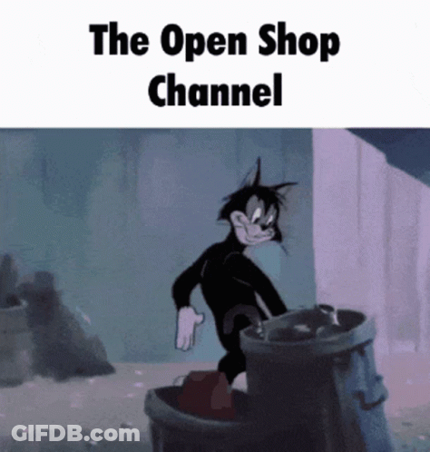 A Cartoon Cat Is Standing Next To A Trash Can With The Words " The Open Shop Channel " On The Bottom GIF