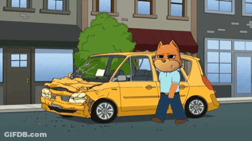 A Cartoon Cat Is Standing Next To A Yellow Car That Has Been Damaged GIF