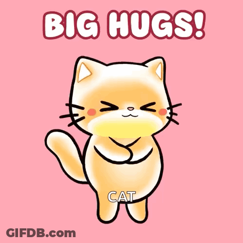 A Cartoon Cat Is Surrounded By Hearts And Says " Big Hugs Cat " GIF