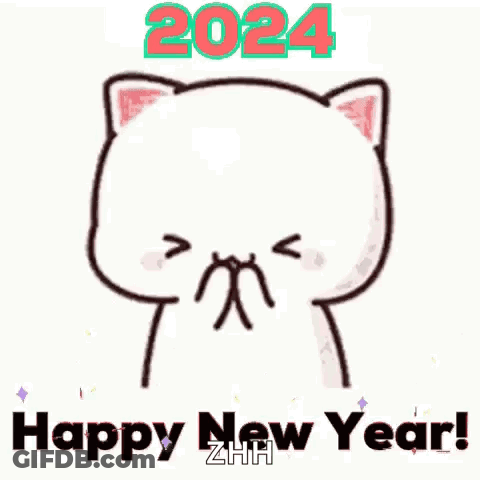 A Cartoon Cat Is Surrounded By Hearts And Says `` Happy New Year ! '' GIF