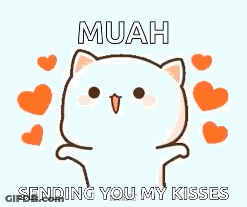 A Cartoon Cat Is Surrounded By Hearts And Says Sending You My Kisses . GIF