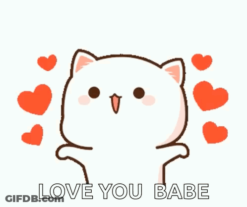A Cartoon Cat Is Surrounded By Red Hearts And Says `` Love You Babe '' . GIF