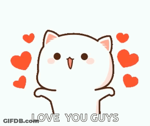 A Cartoon Cat Is Surrounded By Red Hearts And Says `` Love You Guys '' . GIF