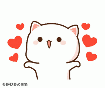 A Cartoon Cat Is Surrounded By Red Hearts On A White Background . GIF