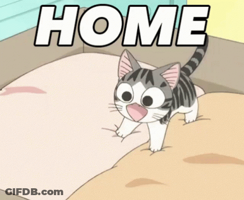 A Cartoon Cat Is Walking On A Bed With The Word Home Above It GIF