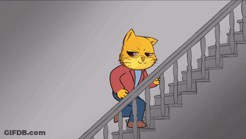 A Cartoon Cat Is Walking Up The Stairs GIF