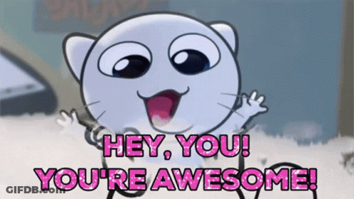 A Cartoon Cat Is Waving And Saying Hey You You 'Re Awesome GIF