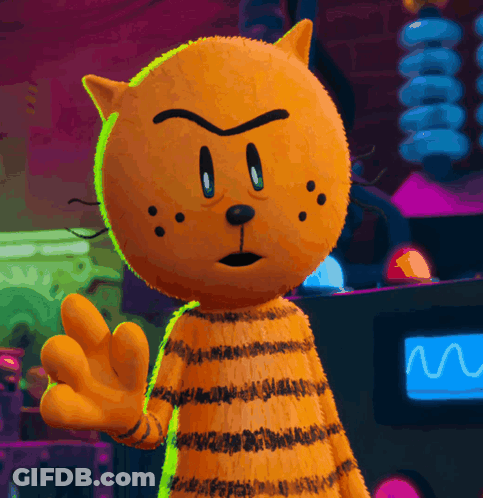 A Cartoon Cat Is Waving His Hand In Front Of A Monitor That Says M GIF